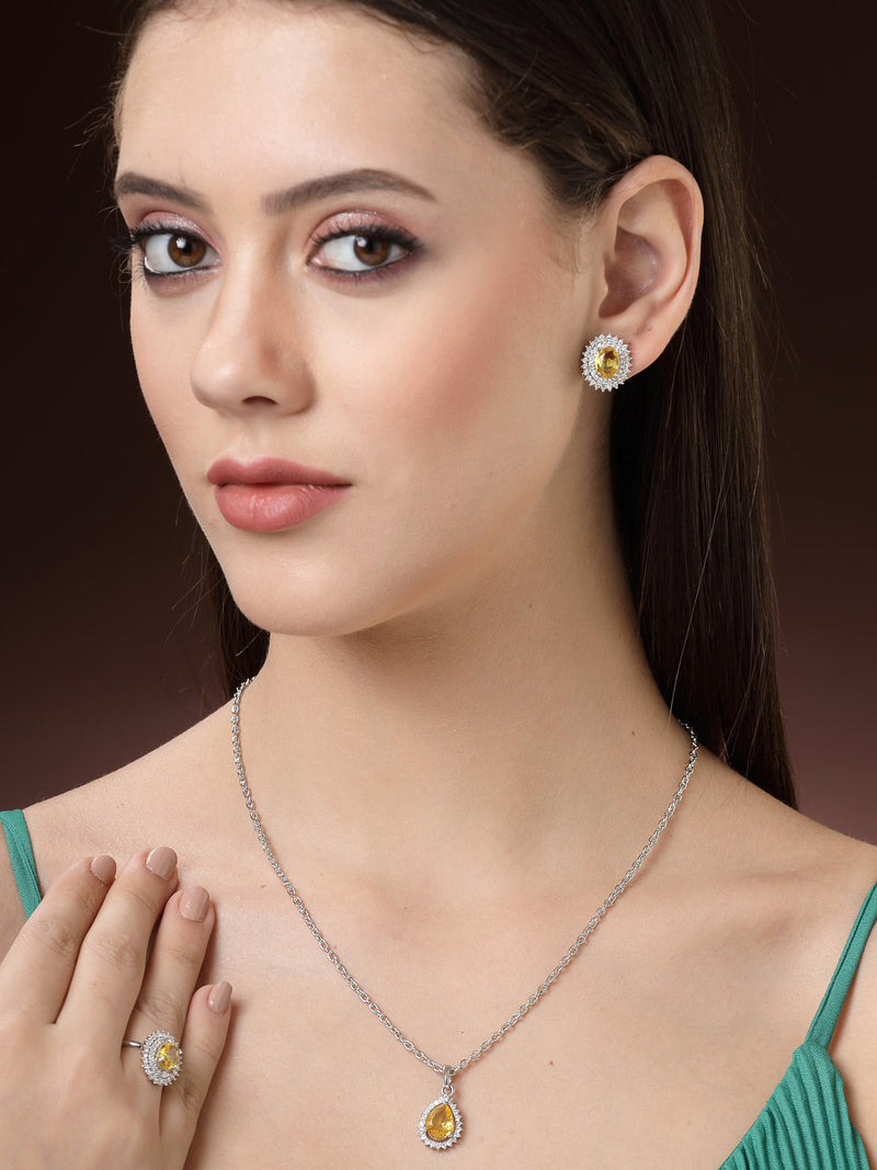 Rhodium Plated Silver Toned  Tear Dropped Shaped Yellow American Diamond Studded Pendant Combo With Ring