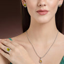 Rhodium Plated Silver Toned  Tear Dropped Shaped Yellow American Diamond Studded Pendant Combo With Ring