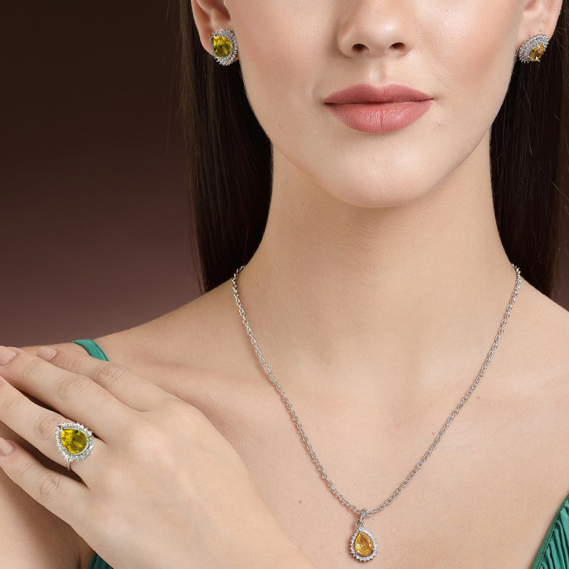 Rhodium Plated Silver Toned  Tear Dropped Shaped Yellow American Diamond Studded Pendant Combo With Ring