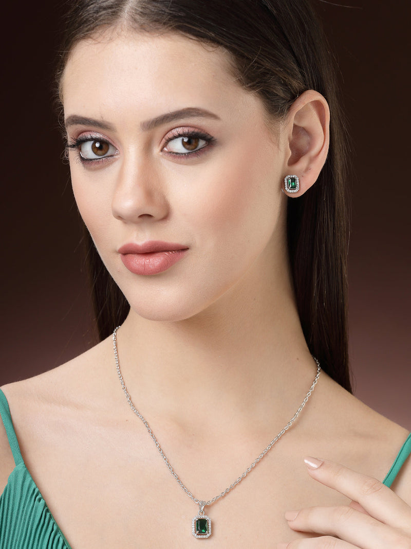 Rhodium Plated Silver Toned Square Shaped Green American Diamond Studded Pendant Set