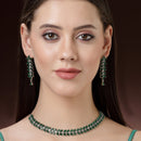Rhodium Plated Silver Toned Green Floral American Diamond Studded Necklace With Matching Earrings