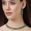 Rhodium Plated Silver Toned Green Floral American Diamond Studded Necklace With Matching Earrings