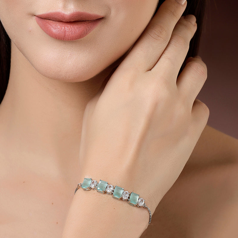 Rhodium Plated Silver Toned White Round & Mint Green Square Cut AD Studded Bracelet | Wraparound Adjustable Bracelet
