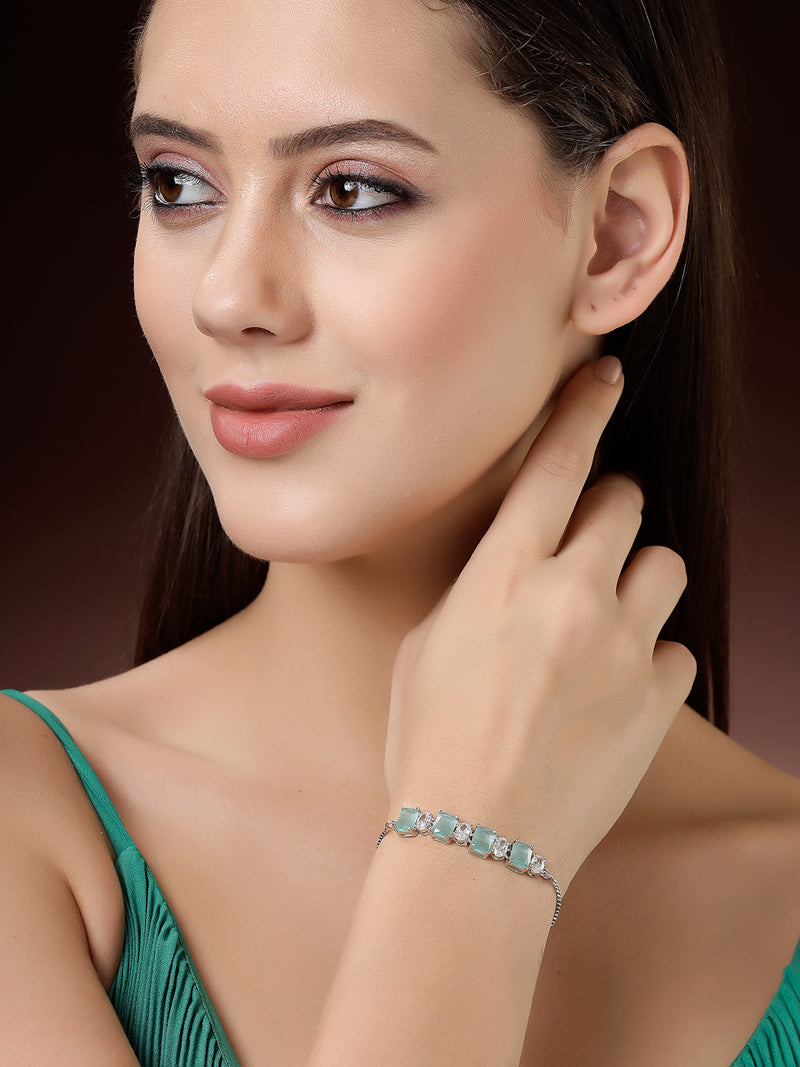 Rhodium Plated Silver Toned White Round & Mint Green Square Cut AD Studded Bracelet | Wraparound Adjustable Bracelet