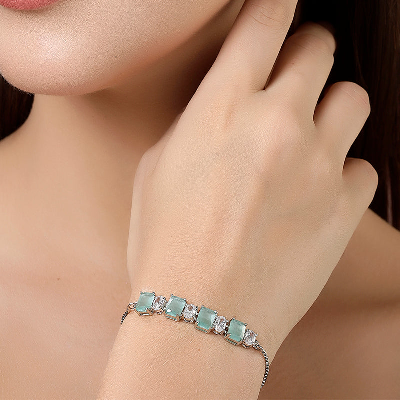 Rhodium Plated Silver Toned White Round & Mint Green Square Cut AD Studded Bracelet | Wraparound Adjustable Bracelet