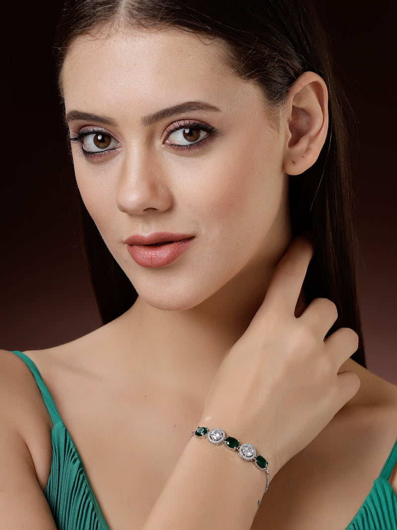 Rhodium Plated Silver Toned White Round & Green Oval AD Studded Wraparound Adjustable Bracelet