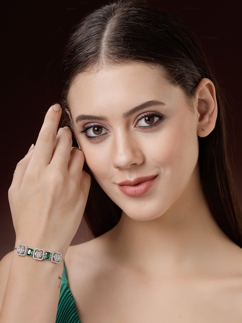 Zeneme Rhodium Plated Silver Toned White Round & Green Rectangle American Diamond Studded  Wraparound Adjustable Bracelet