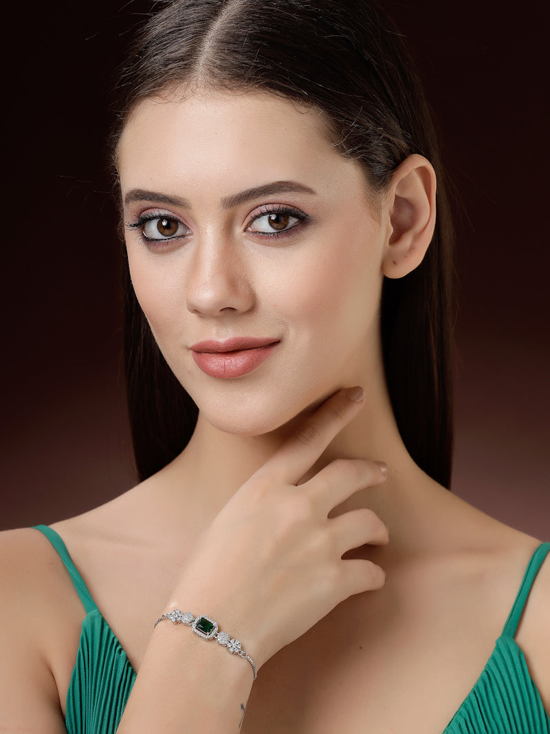 Rhodium Plated Silver Toned Green Square Centerpiece Ad Studded Bracelet With Beads & Floral Accents Wraparound Adjustable Bracelet