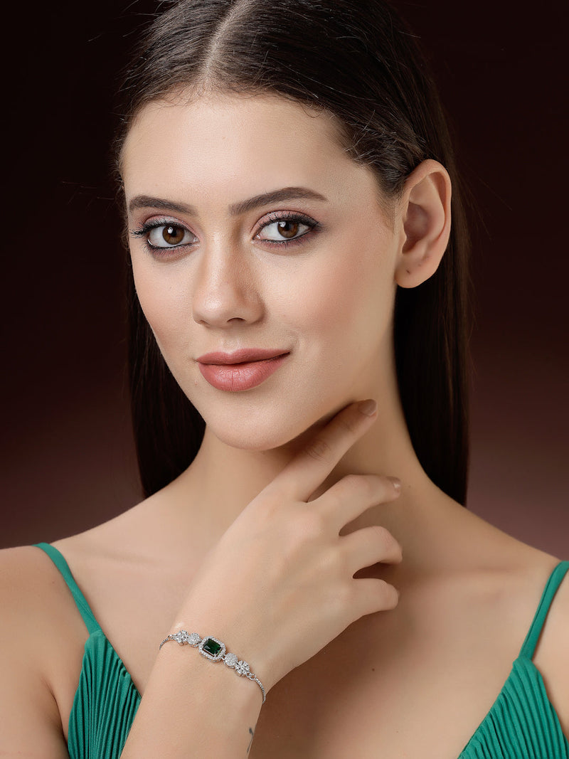 Rhodium Plated Silver Toned Green Square Centerpiece Ad Studded Bracelet With Beads & Floral Accents Wraparound Adjustable Bracelet