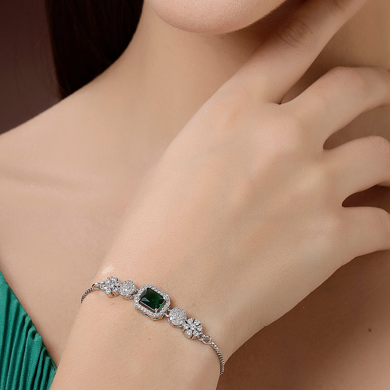 Rhodium Plated Silver Toned Green Square Centerpiece Ad Studded Bracelet With Beads & Floral Accents Wraparound Adjustable Bracelet