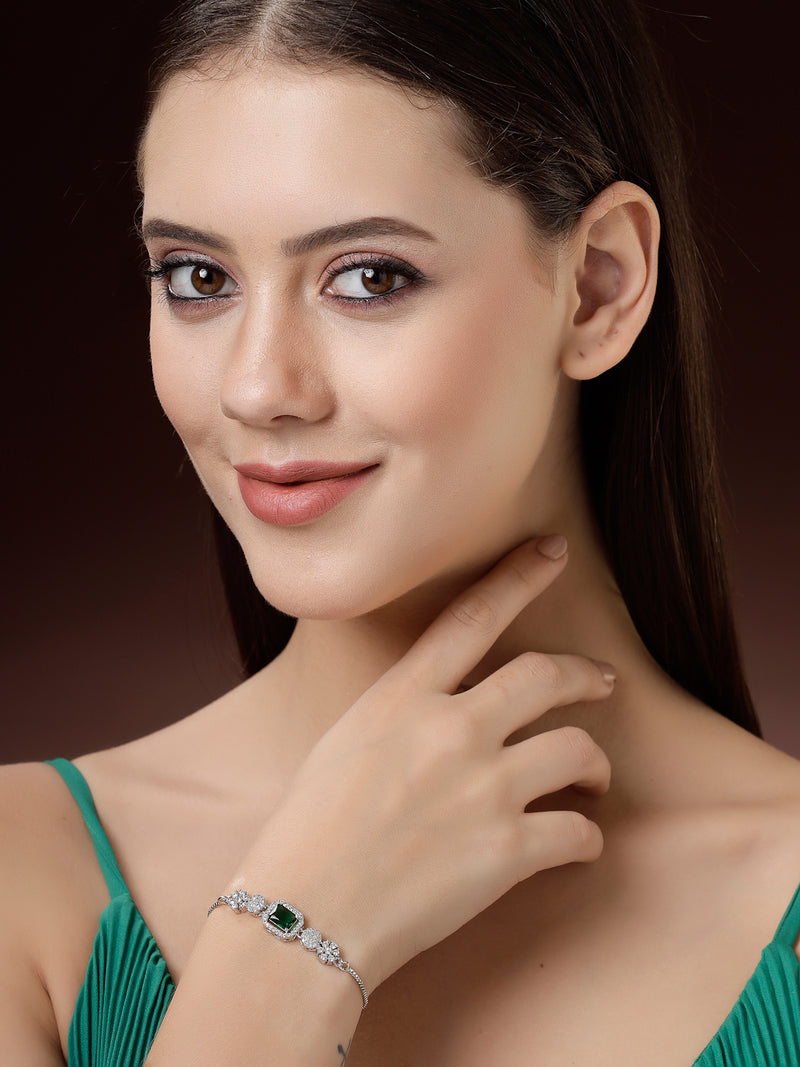 Rhodium Plated Silver Toned Green Square Centerpiece Ad Studded Bracelet With Beads & Floral Accents Wraparound Adjustable Bracelet