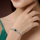 Rhodium Plated Silver Toned Green Square Centerpiece Ad Studded Bracelet With Beads & Floral Accents Wraparound Adjustable Bracelet