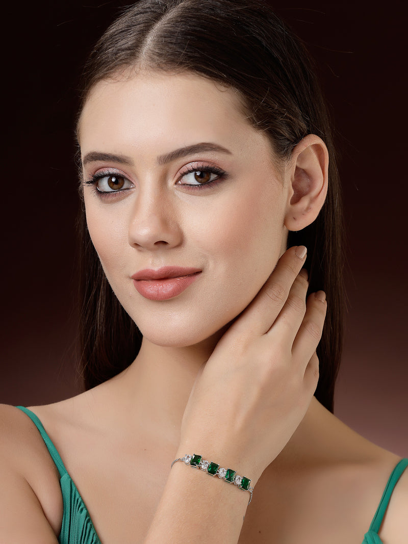 Rhodium Plated Silver Toned White Round & Green Square Cut AD Studded Wraparound Adjustable Bracelet