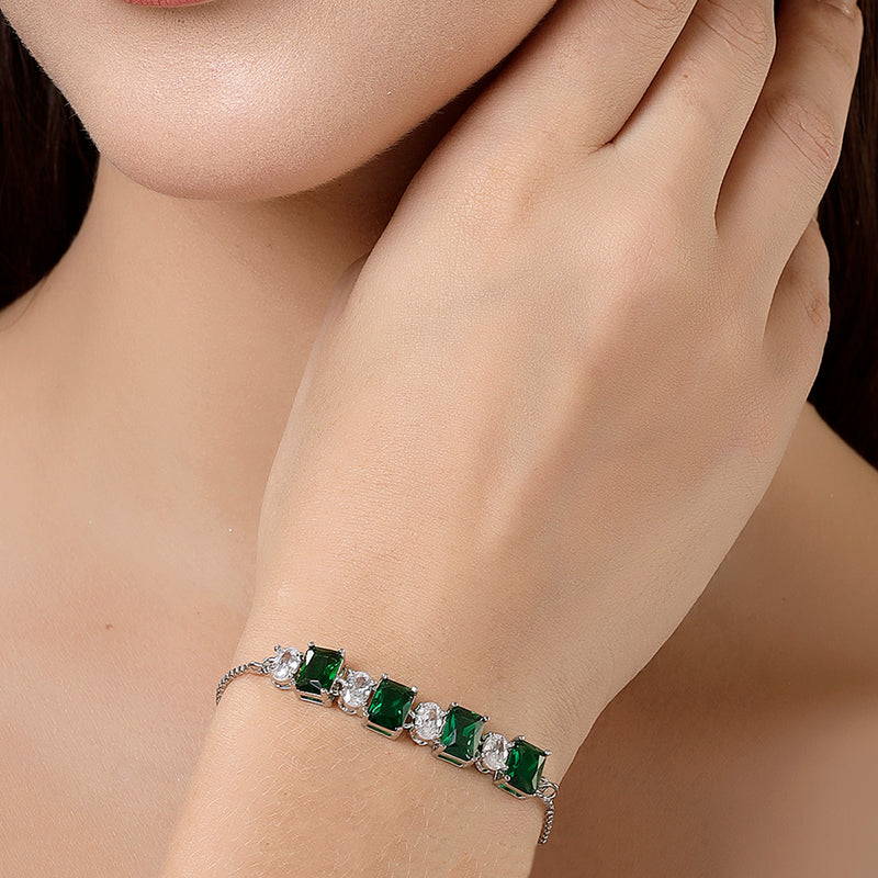 Rhodium Plated Silver Toned White Round & Green Square Cut AD Studded Wraparound Adjustable Bracelet