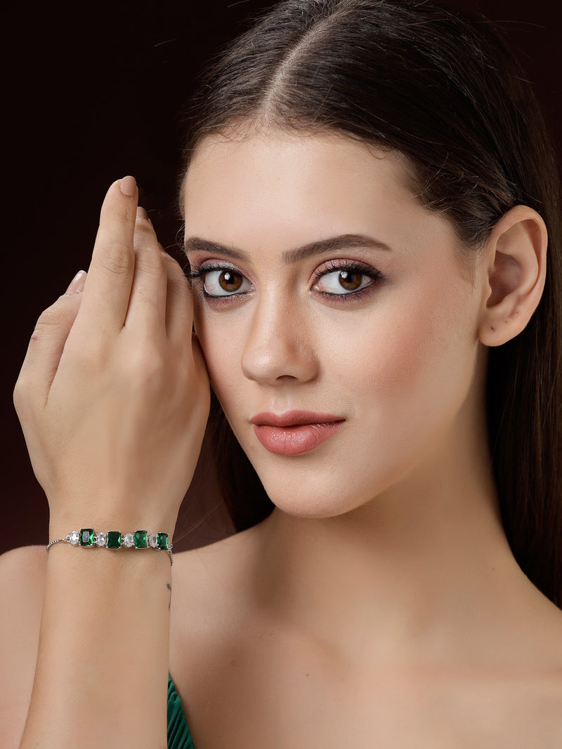 Rhodium Plated Silver Toned White Round & Green Square Cut AD Studded Wraparound Adjustable Bracelet