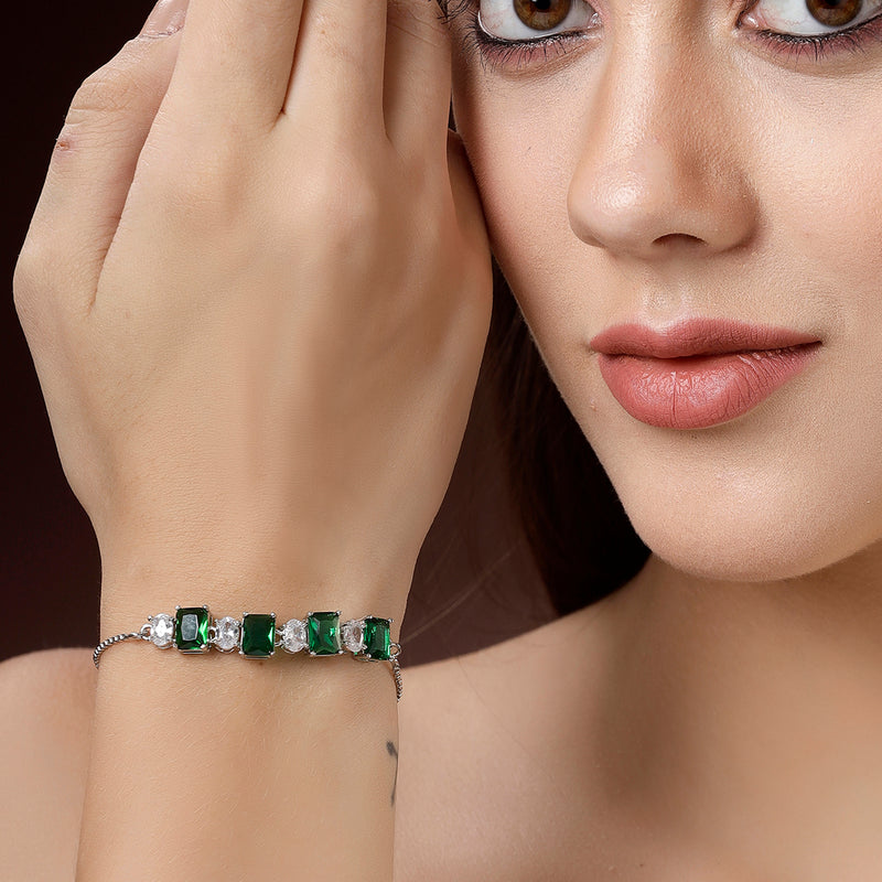 Rhodium Plated Silver Toned White Round & Green Square Cut AD Studded Wraparound Adjustable Bracelet