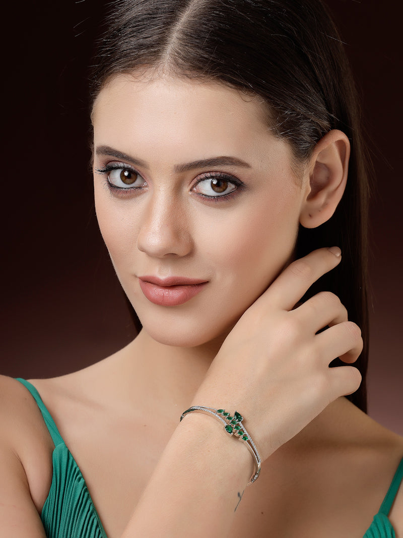 Rhodium Plated Silver Toned Leaf Design Green Teardrop American Diamond Studded Cuff Bracelet