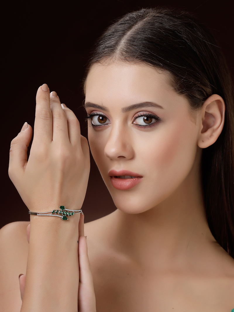 Rhodium Plated Silver Toned Leaf Design Green Teardrop American Diamond Studded Cuff Bracelet