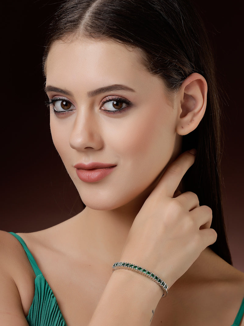 Rhodium Plated Silver Toned Minimal  Round Green American Diamond Studded Cuff Bracelet