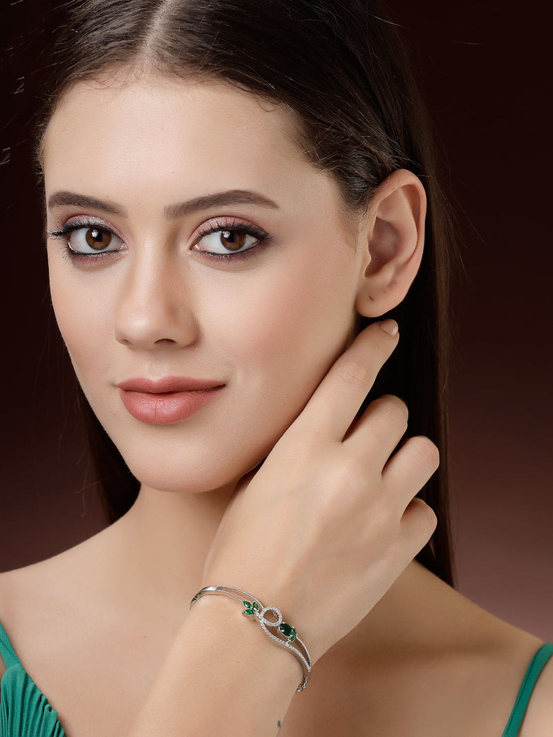 Rhodium Plated Silver Toned Nature Inspired Green Oval American Diamond Studded Cuff Bracelet