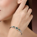 Rhodium Plated Green AD Stone Oval & Teardrop Contemporary Cuff Bracelet