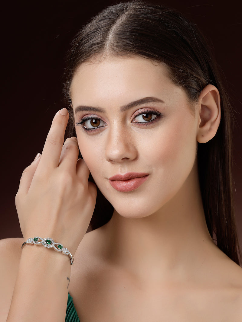 Rhodium Plated Silver Toned Oval & Teardrop Green American Diamond Studded Cuff Bracelet