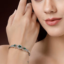 Rhodium Plated Green AD Stone Oval & Teardrop Contemporary Cuff Bracelet