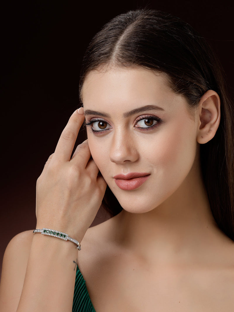 Rhodium Plated Silver Toned Minimal Round Green American Diamond Studded Cuff Bracelet