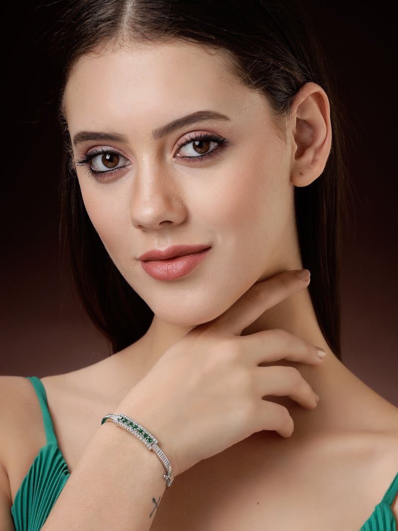 Rhodium Plated Silver Toned Minimal Round Green American Diamond Studded Cuff Bracelet