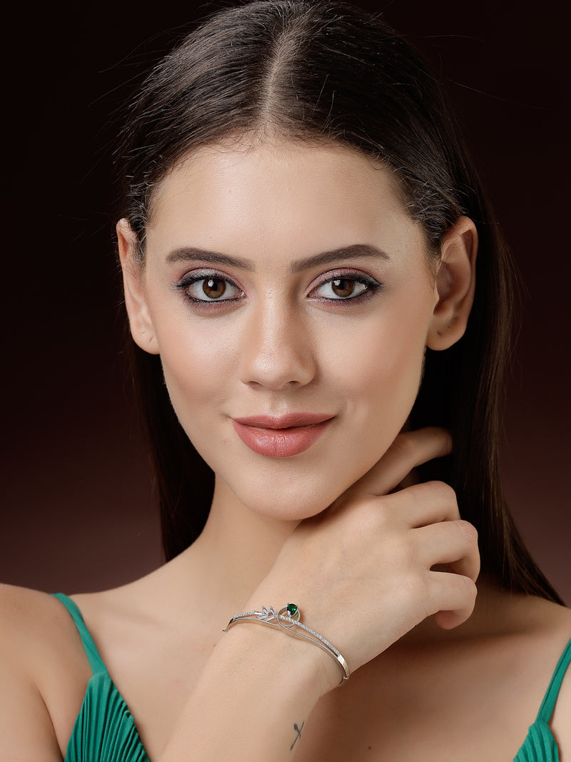 Rhodium Plated Silver Toned Green Teardrop American Diamond Studded Cuff Bracelet