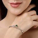 Rhodium Plated Silver Toned Green Teardrop American Diamond Studded Cuff Bracelet