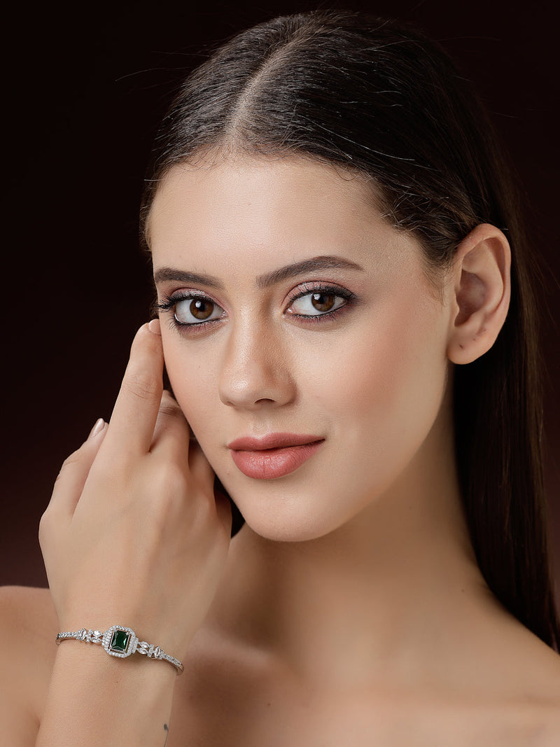 Rhodium Plated Silver Toned Green Rectangle American Diamond Studded Cuff Bracelet