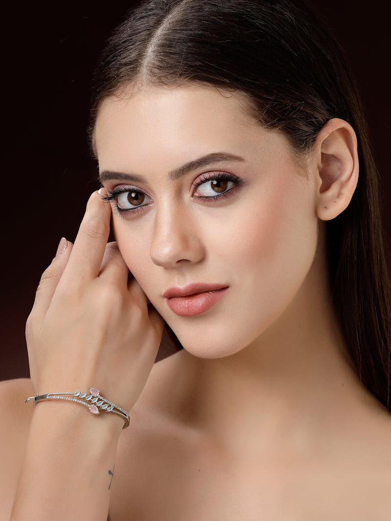 Rhodium Plated Silver Toned  Leaf Design Mint Green & Pink Teardrop American Diamond Studded Cuff Bracelet