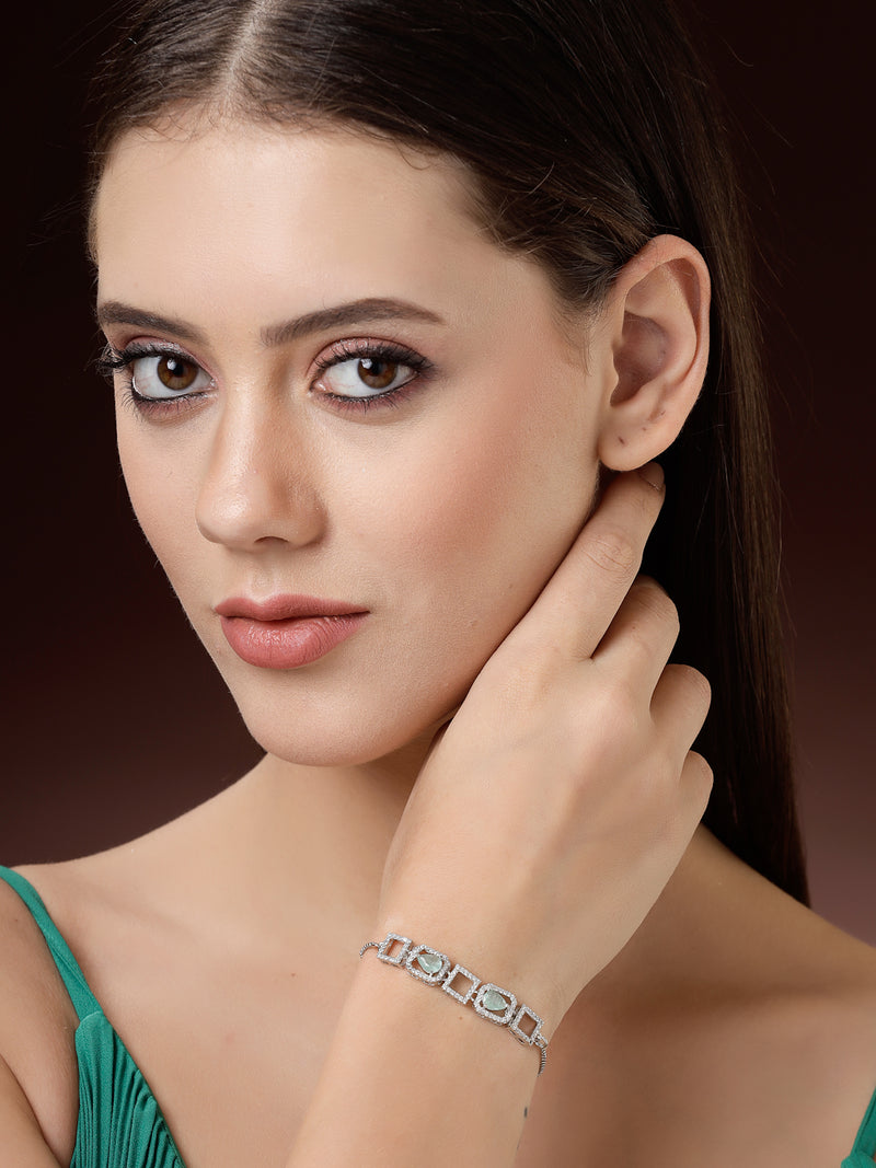 Rhodium Plated Silver Toned White Square Cut Mint Green Teardrop Ad Studded Wraparound Adjustable Bracelet