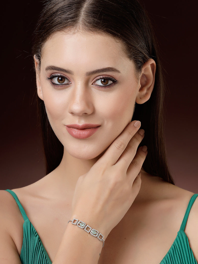 Rhodium Plated Silver Toned White Square Cut Mint Green Teardrop Ad Studded Wraparound Adjustable Bracelet