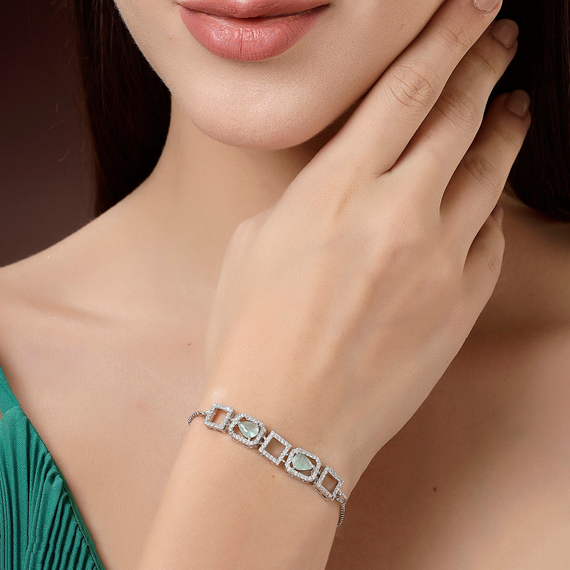 Rhodium Plated Silver Toned White Square Cut Mint Green Teardrop Ad Studded Wraparound Adjustable Bracelet