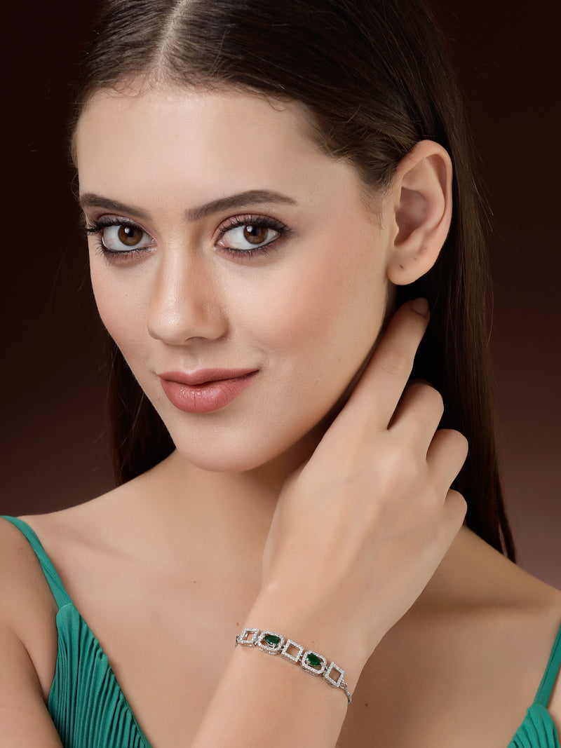 Rhodium Plated Silver Toned White Square Cut Green Teardrop American Diamond  Studded Wraparound Adjustable Bracelet