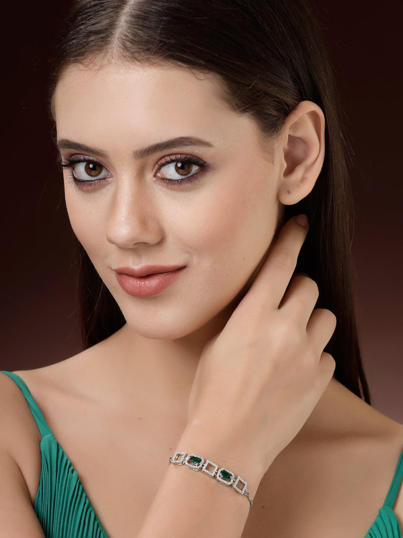 Rhodium Plated Silver Toned White Square Cut Green Teardrop American Diamond  Studded Wraparound Adjustable Bracelet