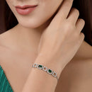 Rhodium Plated Silver Toned White Square Cut Green Teardrop American Diamond  Studded Wraparound Adjustable Bracelet