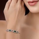 Rhodium Plated Silver Toned White Square Cut Green Teardrop American Diamond  Studded Wraparound Adjustable Bracelet