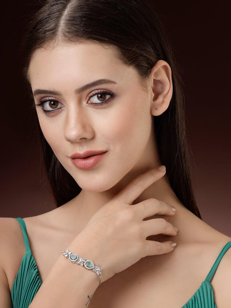 Rhodium Plated Silver Toned White Round & Mint Green Rectangle American Diamond  Studded  Wraparound Adjustable Bracelet
