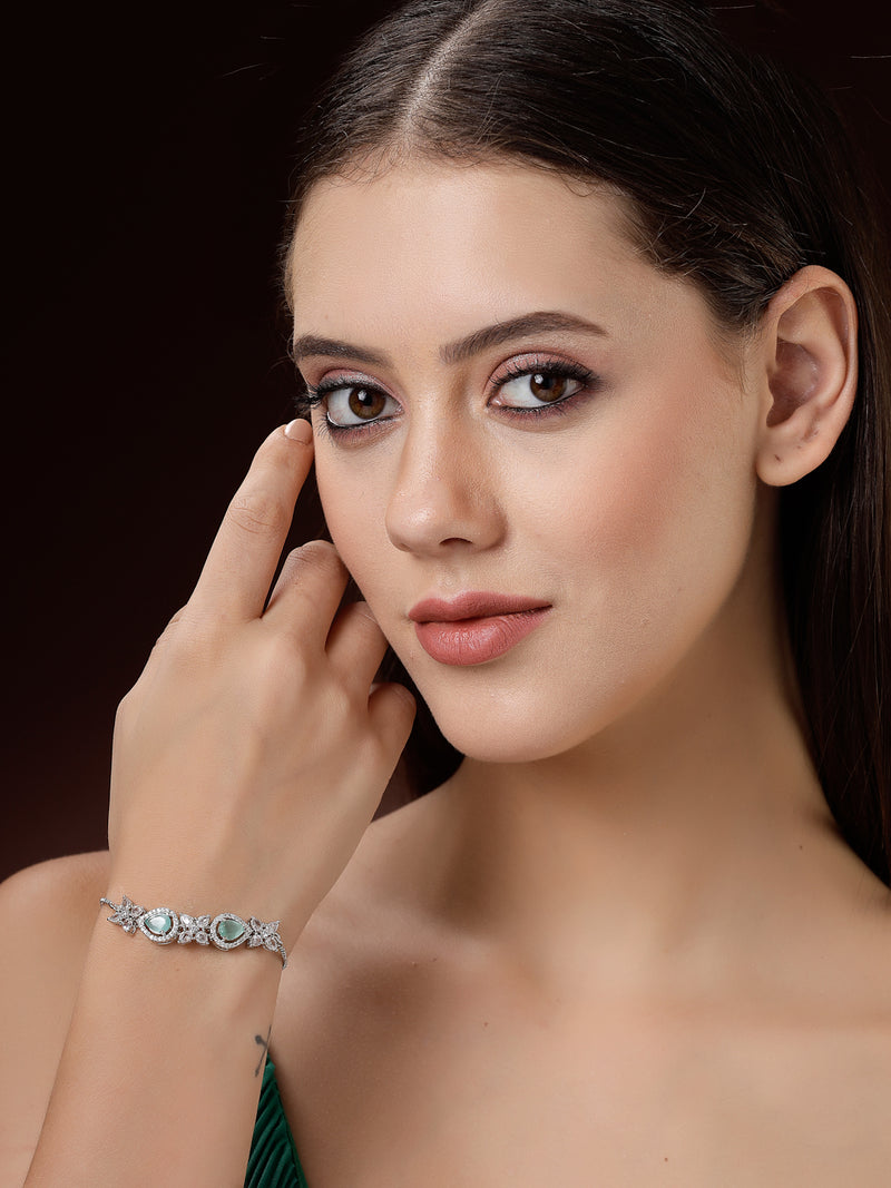 Rhodium Plated Silver Toned White Round & Mint Green Rectangle American Diamond  Studded  Wraparound Adjustable Bracelet