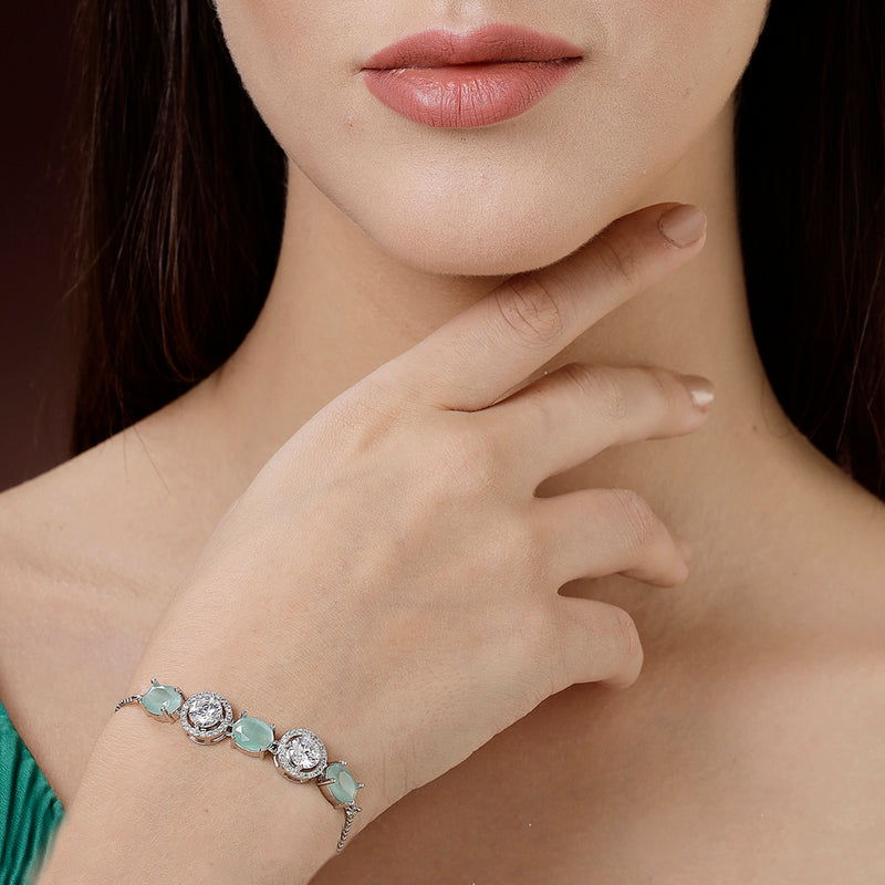 Rhodium Plated Silver Toned White Round & Mint Green Oval AD Studded Wraparound Adjustable Bracelet