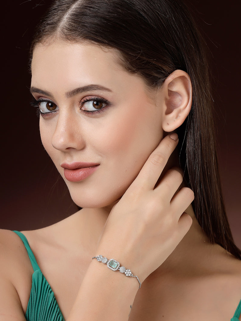 Rhodium Plated Silver Toned Mint Green Square Centerpiece Ad Studded Bracelet With Beads & Floral Accents Wraparound Adjustable Bracelet