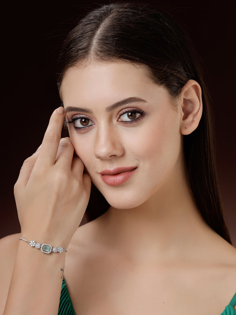 Rhodium Plated Silver Toned Mint Green Square Centerpiece Ad Studded Bracelet With Beads & Floral Accents Wraparound Adjustable Bracelet