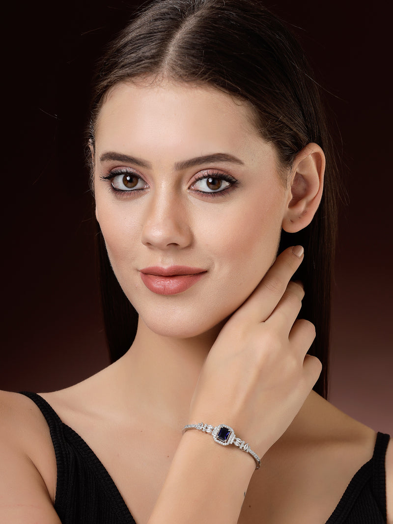 Rhodium Plated Silver Toned Blue Rectangle American Diamond Studded Cuff Bracelet
