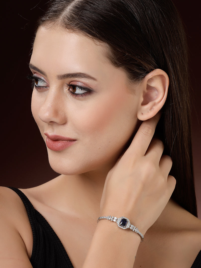 Rhodium Plated Silver Toned Blue Rectangle American Diamond Studded Cuff Bracelet