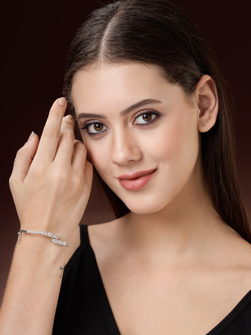 Rhodium Plated Silver Toned White Baguette Cut American Diamond Studded Cuff Bracelet