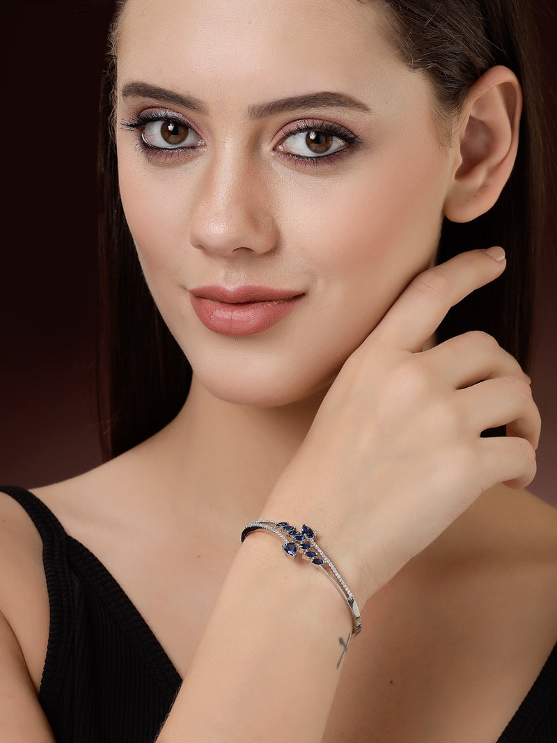 Rhodium Plated Silver Toned  Leaf Design Blue Teardrop American Diamond Studded Cuff Bracelet