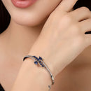 Rhodium Plated Silver Toned  Leaf Design Blue Teardrop American Diamond Studded Cuff Bracelet
